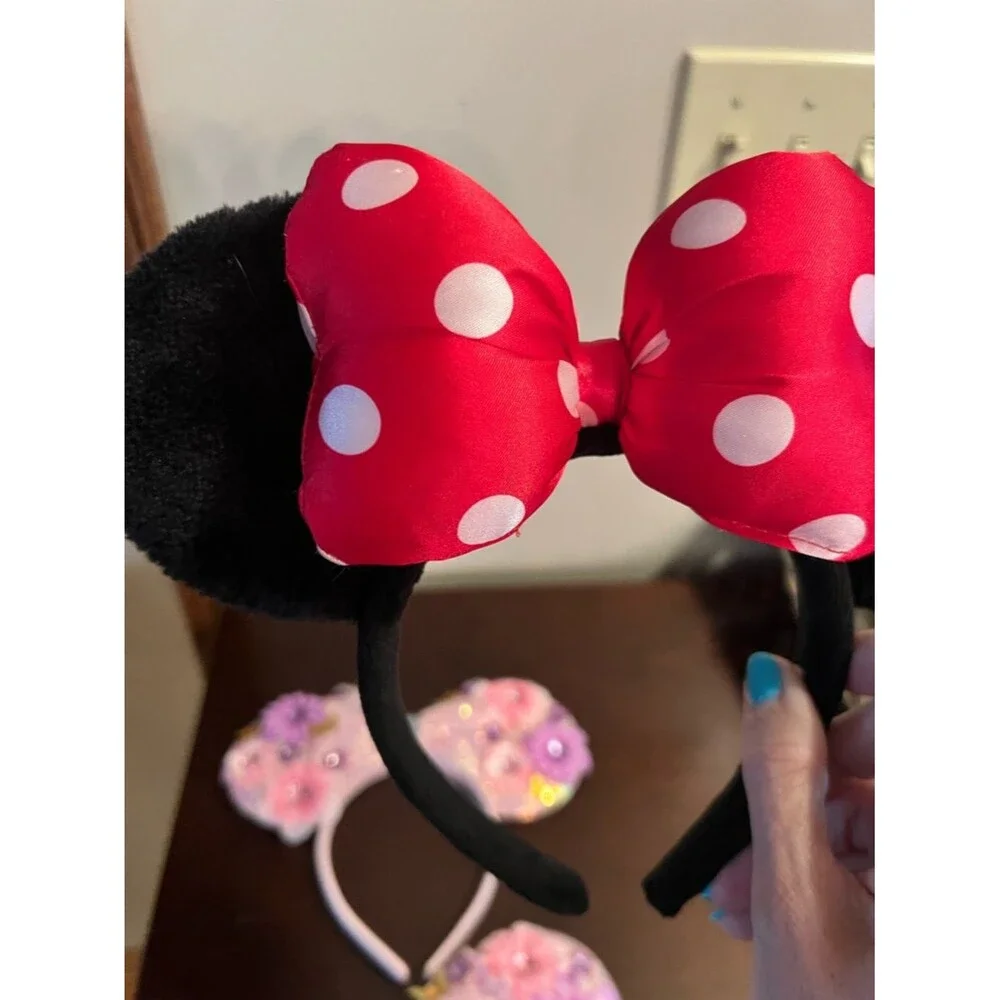 Cute Floral Pink & Black Minnie Ear Headbands Set